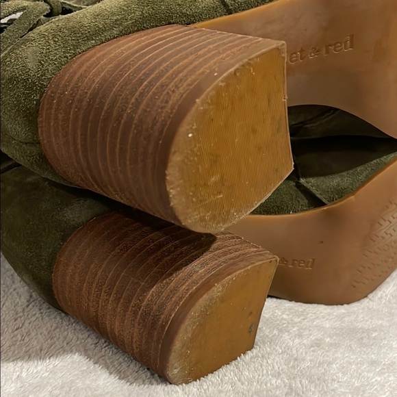 Violet & Red Green Suede Heeled Tall Boots with Box Detail and Mid-Calf Design - Picture 8 of 10